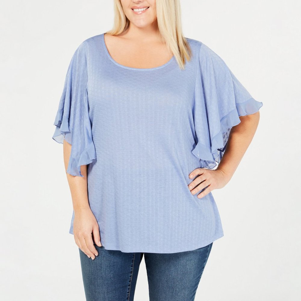 Style & Co Womens Top Plus Size 0X 2X Blue Sheer Flutter Short Sleeve Scoop Neck